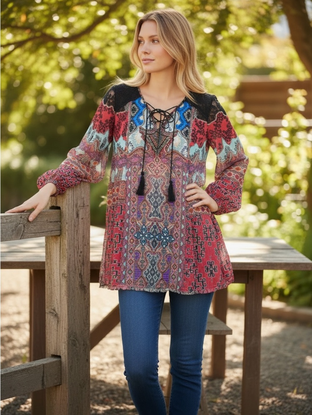 V CHRISTINA Bohemian Lace-Up, Colorful Multi-color Paisley Blouse, L